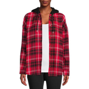 No Boundaries Junior Women's Plaid Fleece Shirt Jacket Hooded - Red Plaid, X-Large