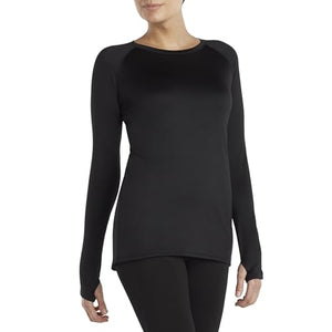 Cuddl Duds Women's Long-Sleeve Climate Right Plush Warmth Crew Neck Base Layer Top Shirt - Black, Large