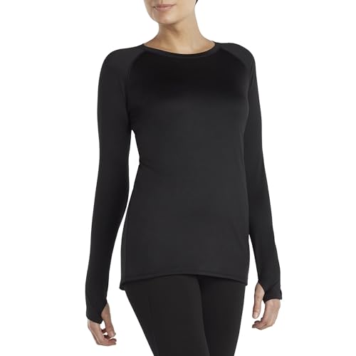 Cuddl Duds Women's Long-Sleeve Climate Right Plush Warmth Crew Neck Base Layer Top Shirt - Black, Large