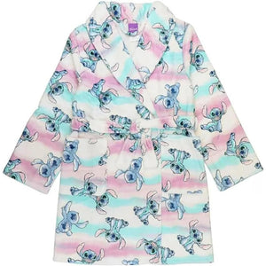 Disney Lilo & Stitch Girls Soft White Rainbow Bathrobe Robe House Coat Pajama